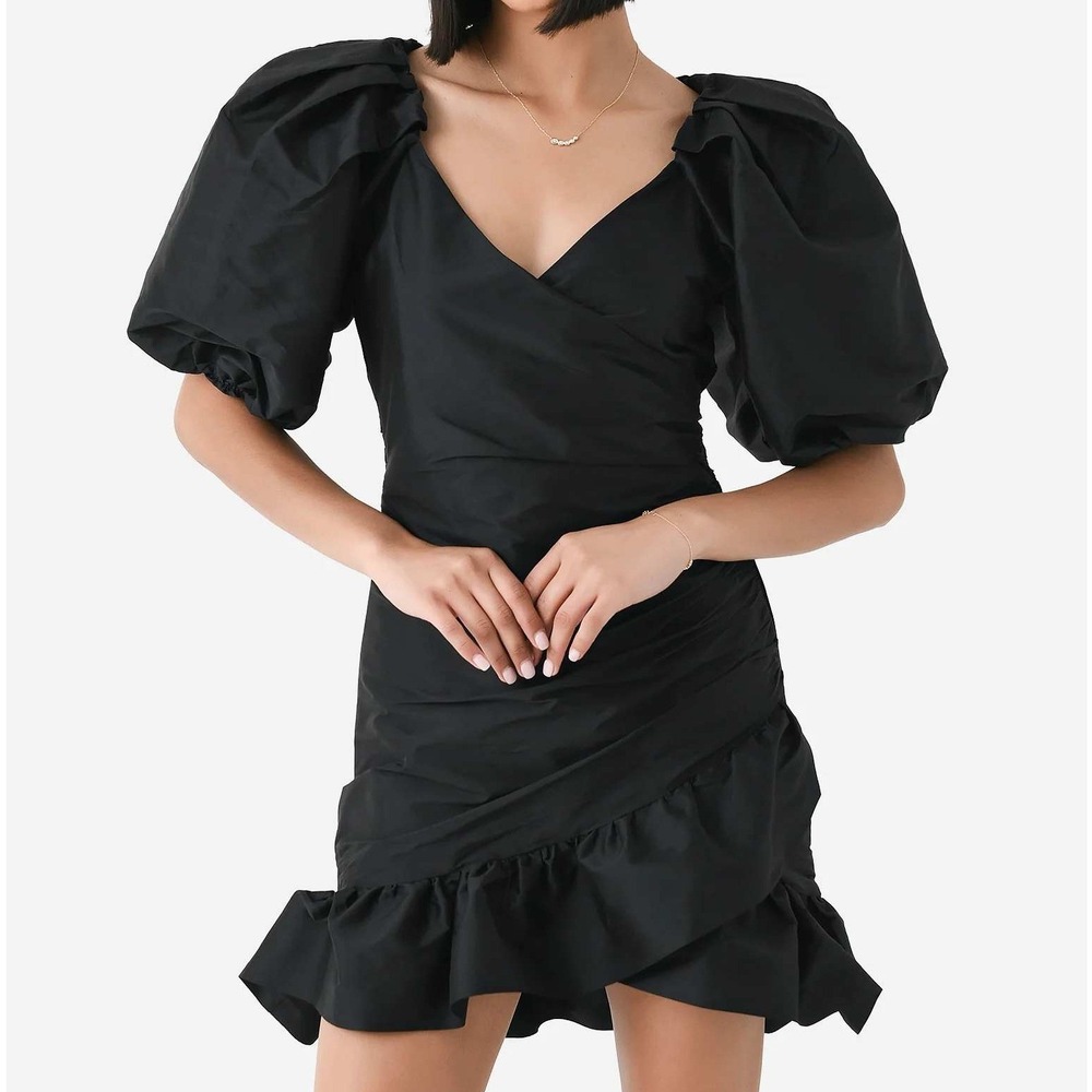 Misa Black Sybil Mini Dress Asymmetrical Ruffle Puff Sleeve Size XS